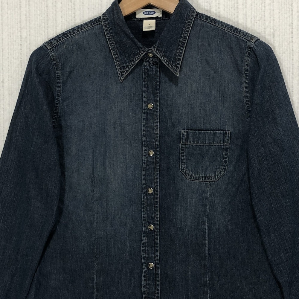 Old Navy Womens Denim Button Down Shirt Dark Wash‎ Long Sleeve Pearl Snap Size M